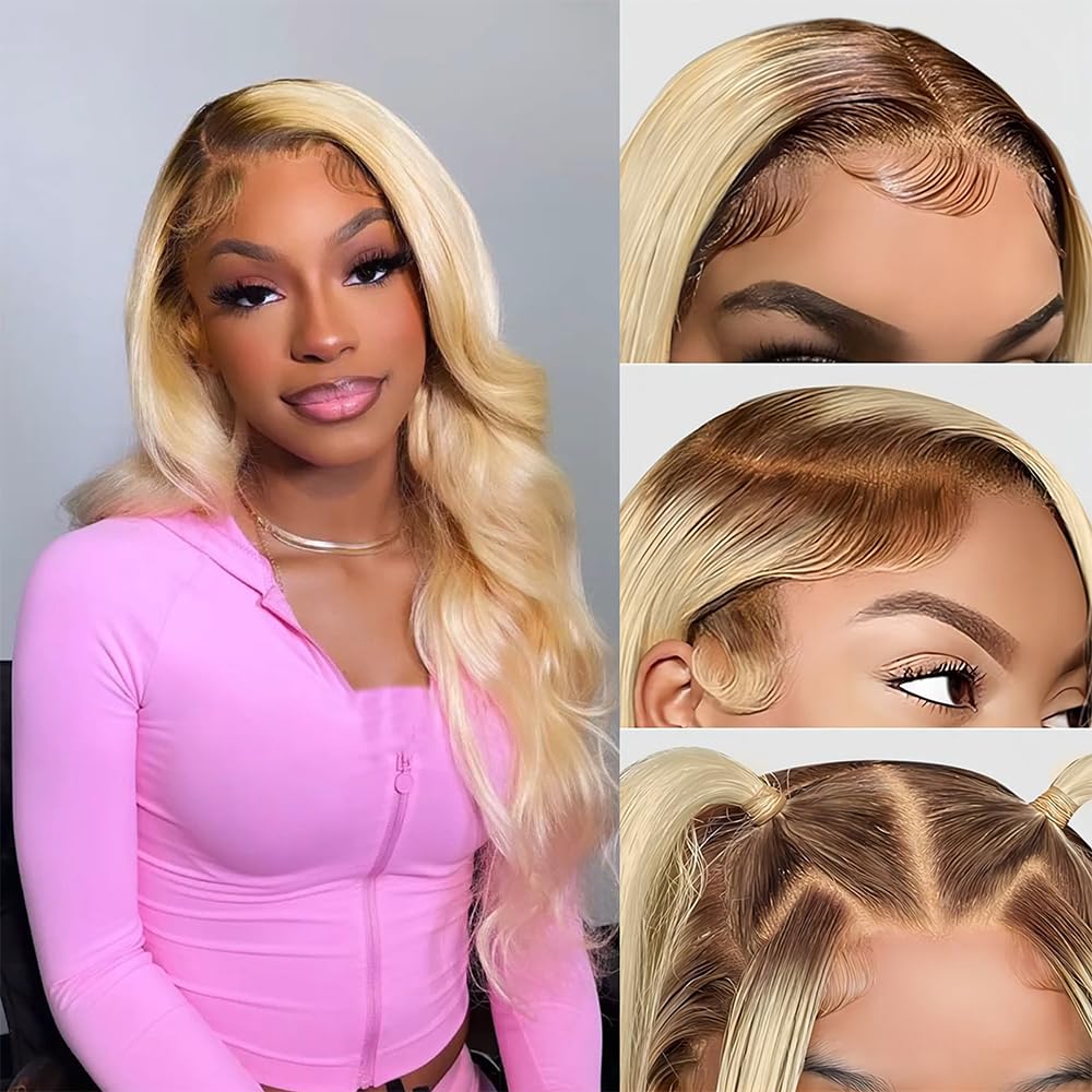 4/613 Ombre Blonde Lace Front Wig Human Hair Shiny Golden Body Wave Human hair Wigs For Women Breathable 13x4 UHD Transparent Lace Cap Early Summer Wig 18 Inches