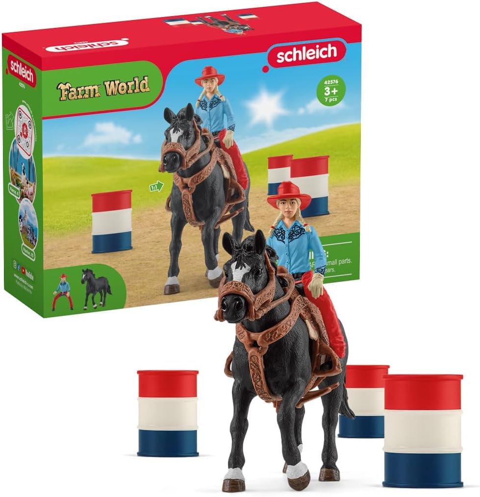 Sponsored Ad – Figurine Cowgirl et Tonneaux de Racing, avec figurine et cheval, Schleich 42576 Farm World