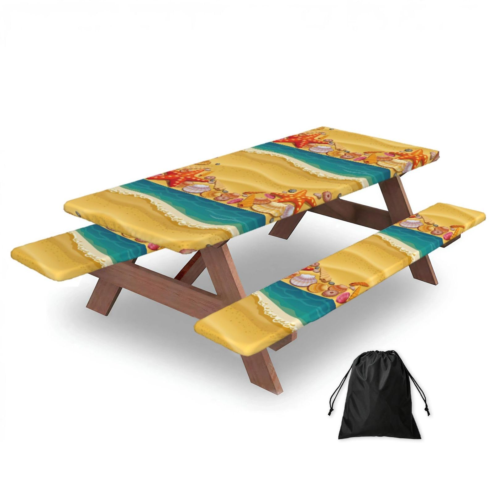 Yqxwjl Black Shells On The Beach Print Camping Essentials Waterproof Camping Table And Bench Cover With Drawstring Bag 183 Cm