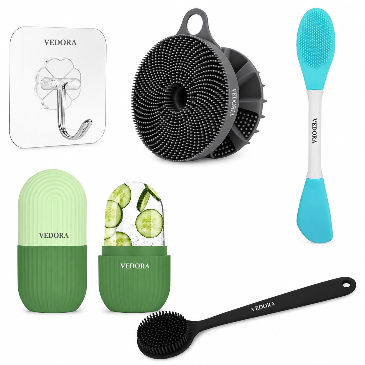 VEDORA Self Care Combo Kit | Silicone Body Scrubber, Long Handle Bath Brush, Silicone Face Brush, Facial Ice Roller & Adhesive Wall Hook | Bath & Skin Care Accessories Combo (5 Items)-picture-16