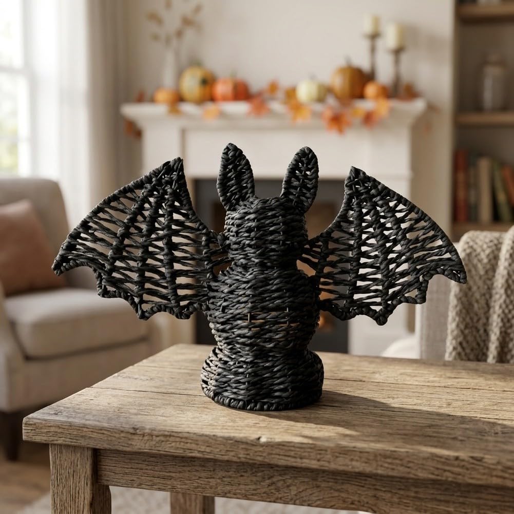 Lámpara de murciélago de mimbre, encantadora lámpara de Halloween de murciélago de sauce, única