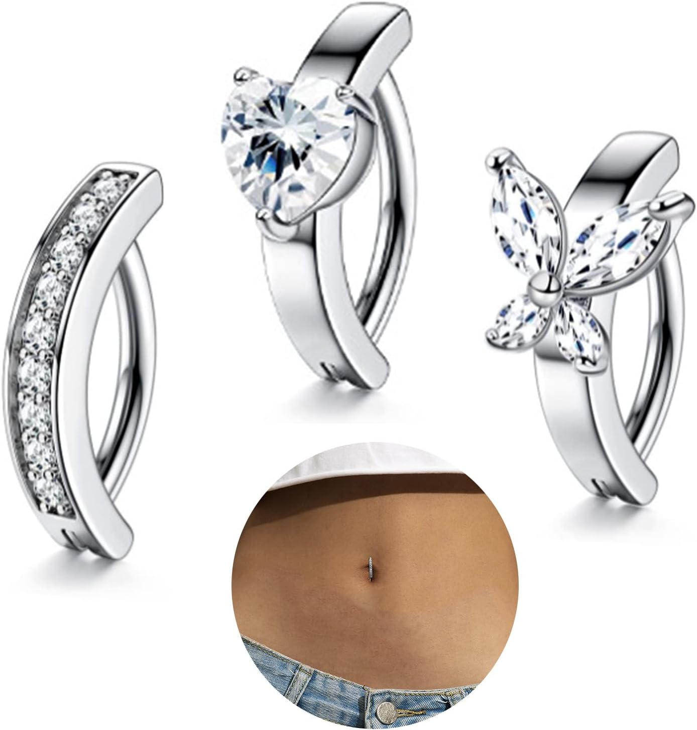 Zurligi3 Pcs Stainless Steel Belly Button Rings for Women, Belly Barbells Navel Ring Barbell for Women Girls, Simple Love Butterfly Navel Reverse Curved Belly Body Rings Silver