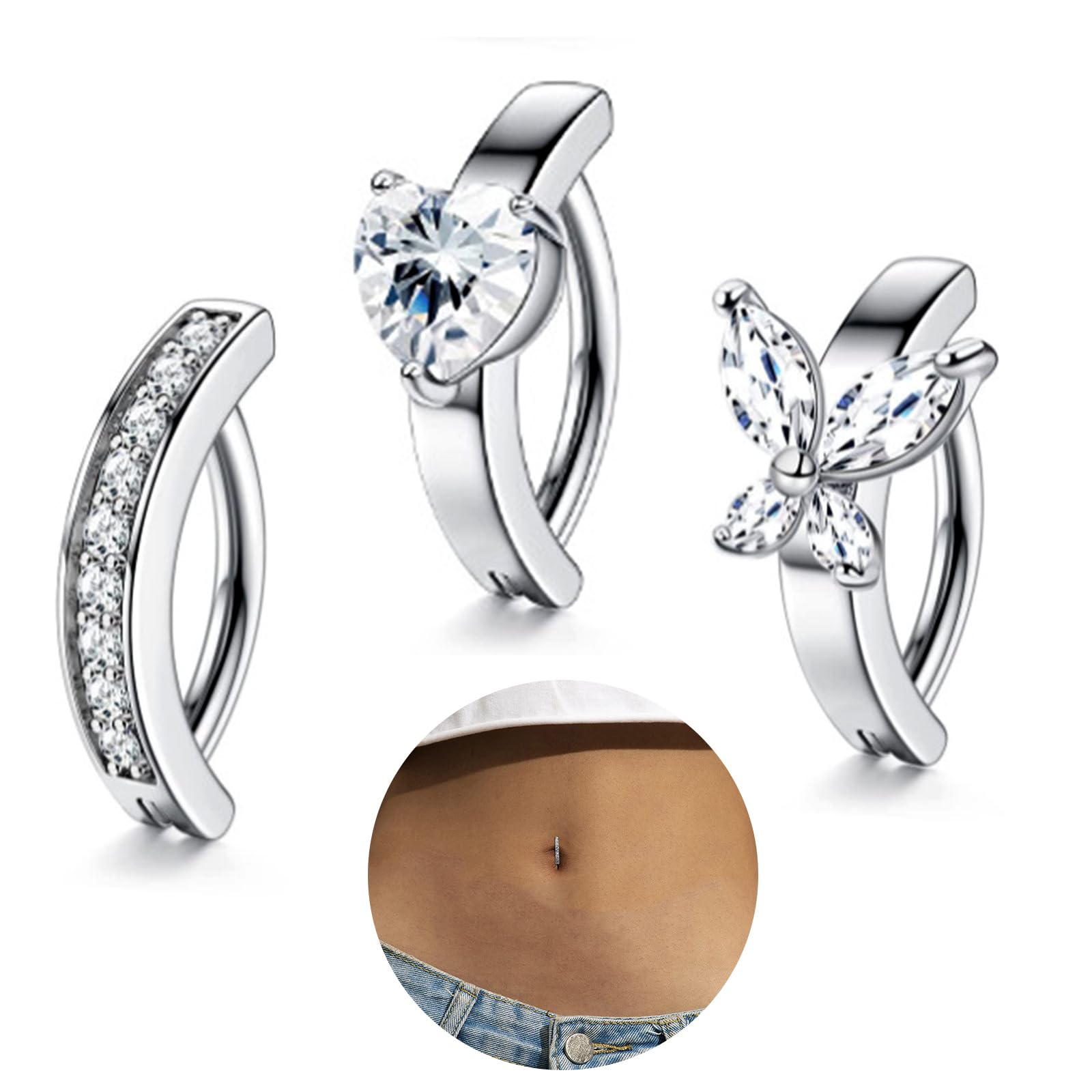 Zurligi3 Pcs Stainless Steel Belly Button Rings for Women, Belly Barbells Navel Ring Barbell for Women Girls, Simple Love Butterfly Navel Reverse Curved Belly Body Rings Silver