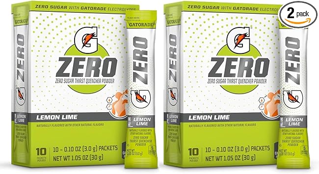 G Zero Powder Packets with Electrolytes, Vitamins and No Sugar, 20 Count Pack of 2 20 Packets, Lemon-Lime