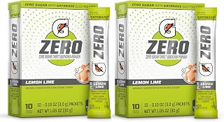 G Zero Powder Packets with Electrolytes, Vitamins and No Sugar, 20 Count (Pack of 2) (20 Packets, Lemon-Lime)