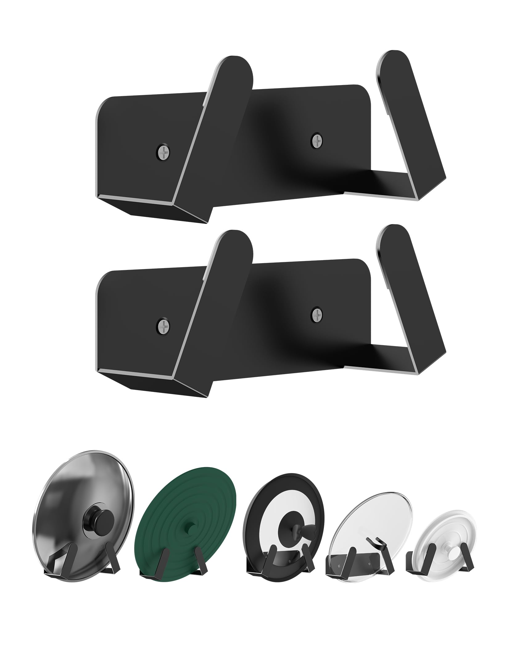 NOTMBESTM Pot Lid Organizer, 2 Pack Lid Holders Inside Cabinet, Wall Mount Rack Fit for Cutting Board, Fixed by Adhesive or Screw (Black)