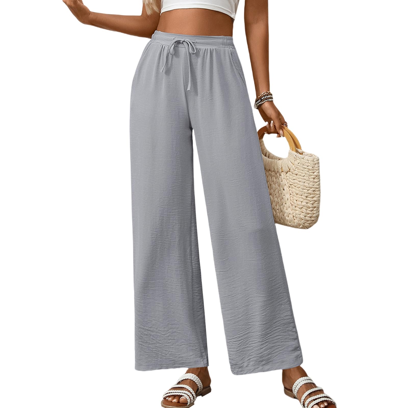 WOWULOVELY Womens Wide Leg Palazzo Pants Flowy Elastic Waist Tie Pant Casual Loose Solid Trousers