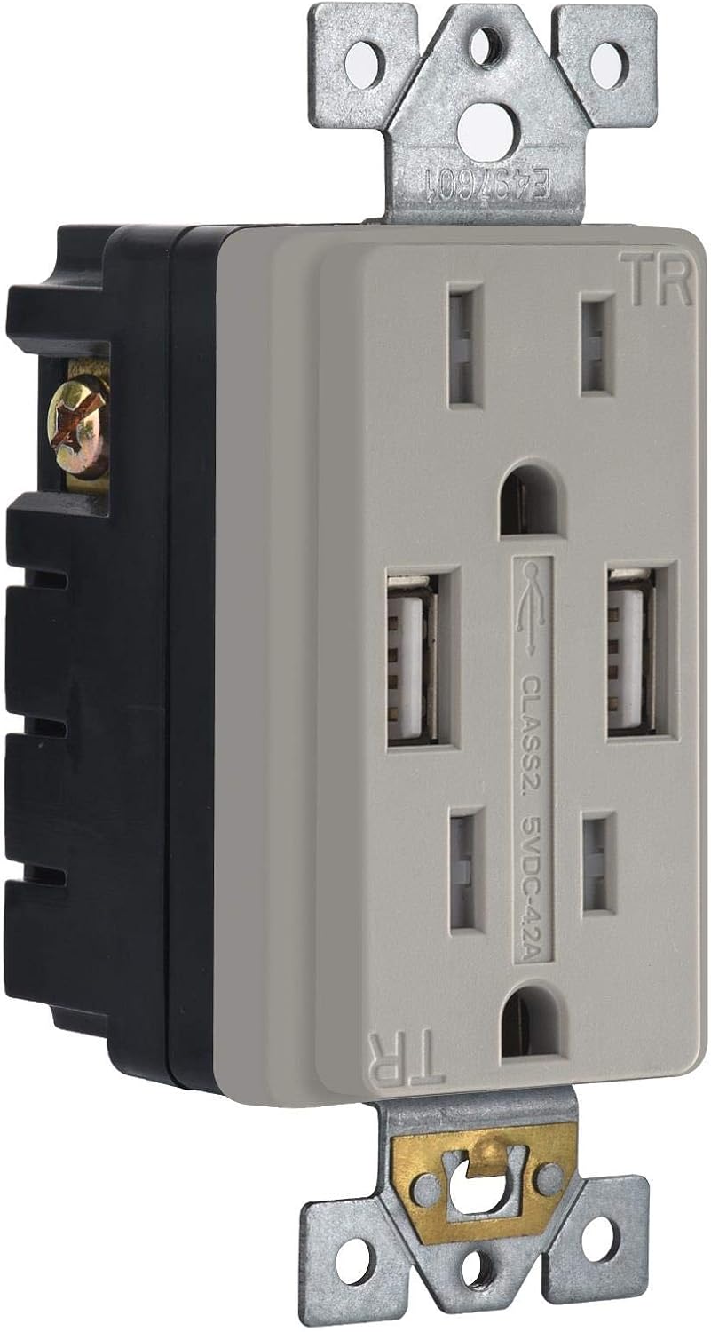 SZICT Gray USB Wall Outlet Receptacle 4.2A Tamper Resistant Dual USB Receptacle Charger 2 USB Ports High Speed Charging 15A,UL-Listed,Gray(4.2A 4p)