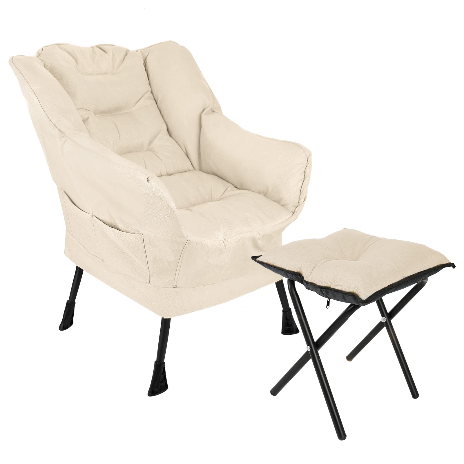 Lazy Chair with Ottoman, Modern Leisure Reading Chair with Armrests Side Pocket and Footrest, Single Lounge Accent Sofa Folding Footrest Stool Set for Living Room Bedroom Office (White)