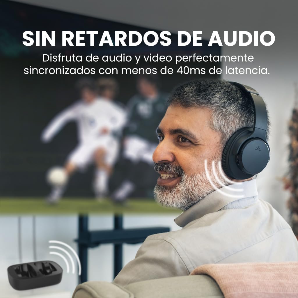 Avantree Ensemble – Auriculares Inalámbricos TV Televisión para Personas Mayores con Clear Voice, Diseño Cómodo, Base de Carga, 35h de Autonomía, Funcionan con TV con Salida óptica/AUX y Bluetooth