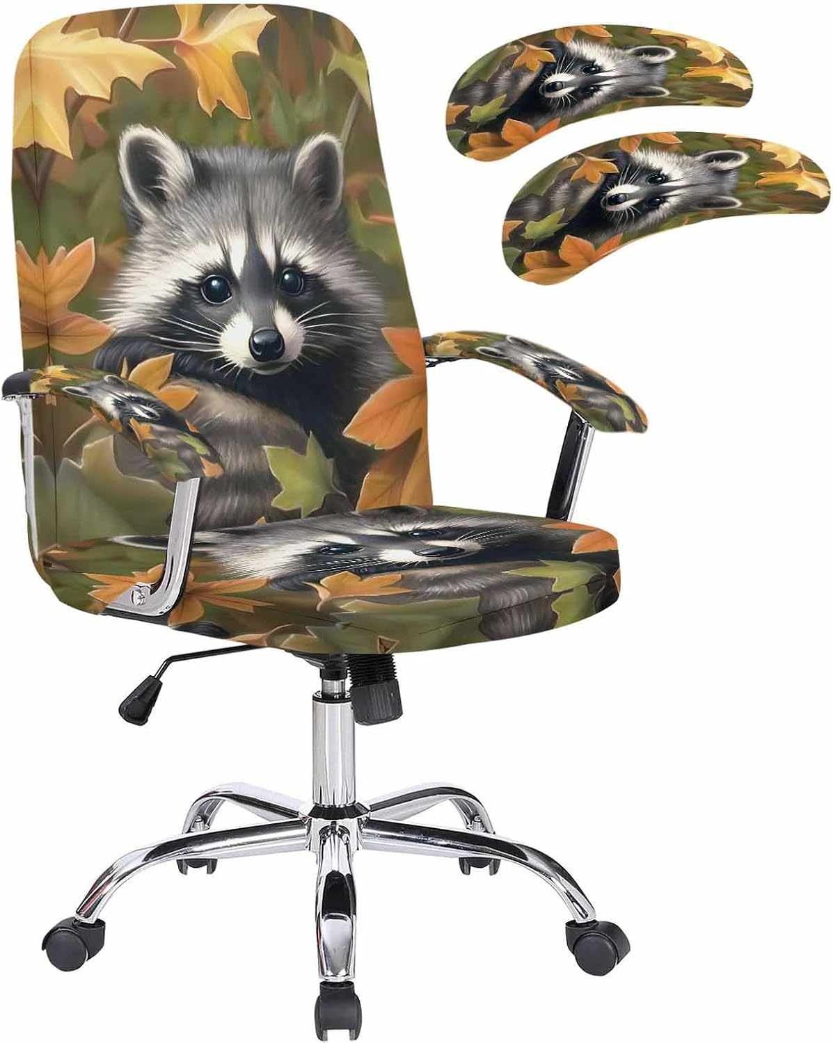 Fall Office Chair Cover with Armrest Covers & Zipper Raccoon Computer Chair Covers Stretchable Removable Autumn Maple Leaves Thanksgiving Rotating Desk Chair Slipcovers Seat Protectors Medium