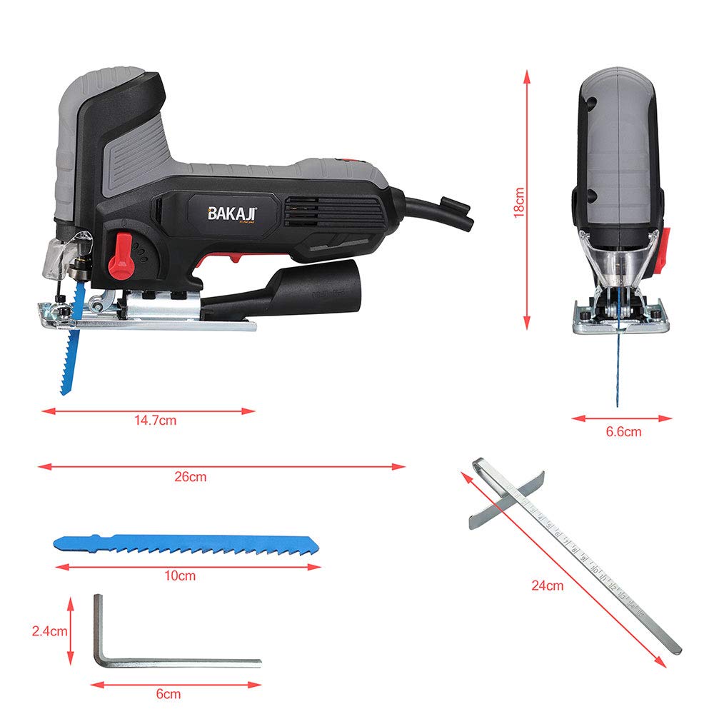 Bakaji Seghetto Elettrico Alternativo Pendolare 600W Velocità Regolabile 800-3000rpm con Inclinazione Lama in 3 Posizioni Lama 10cm Guida Righello e Adattatore Aspiratore Inclusi
