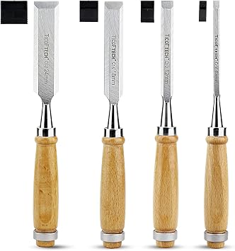 Wood Chisel Sets, 4 Pieces Chisel Set 1/4", 1/2", 3/4" and 1" 6mm, 12mm, 18mm, 24mm with Wooden Handles, Carpenter Chisels for Woodworking 4pcs