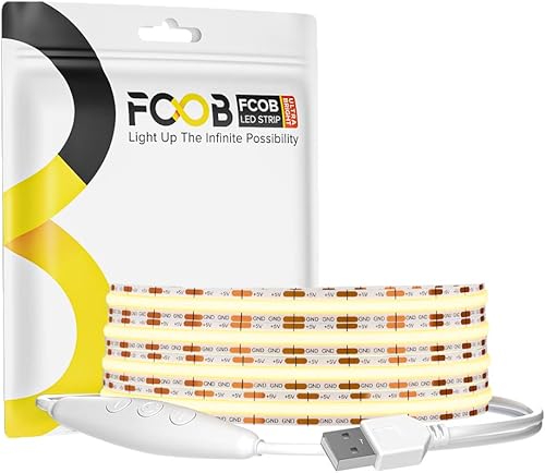 FCOB Tira de luz LED USB de 6.56 pies, 5 voltios alimentada por USB, luces LED COB regulables, 4000 K, blanco natural, 0.315 in, tiras flexibles de