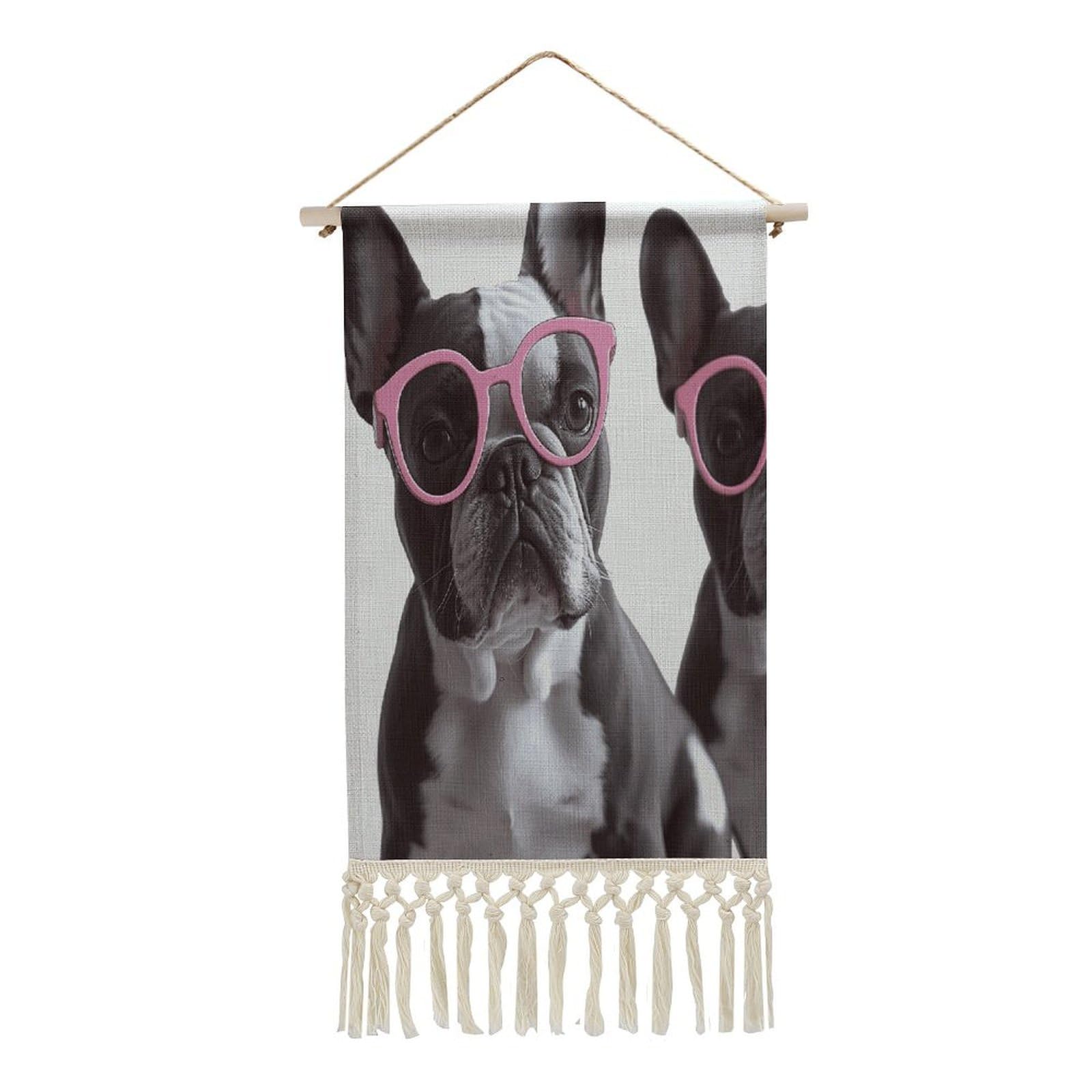 VstaDank French Bulldog Pink Glasses Wall Art Decor with Tassels 20"x10" Cotton Linen Hanging Tapestry Decor Wall Art Prints Wood Frame Boho Wall Art Poster for Bedroom Living Room Office