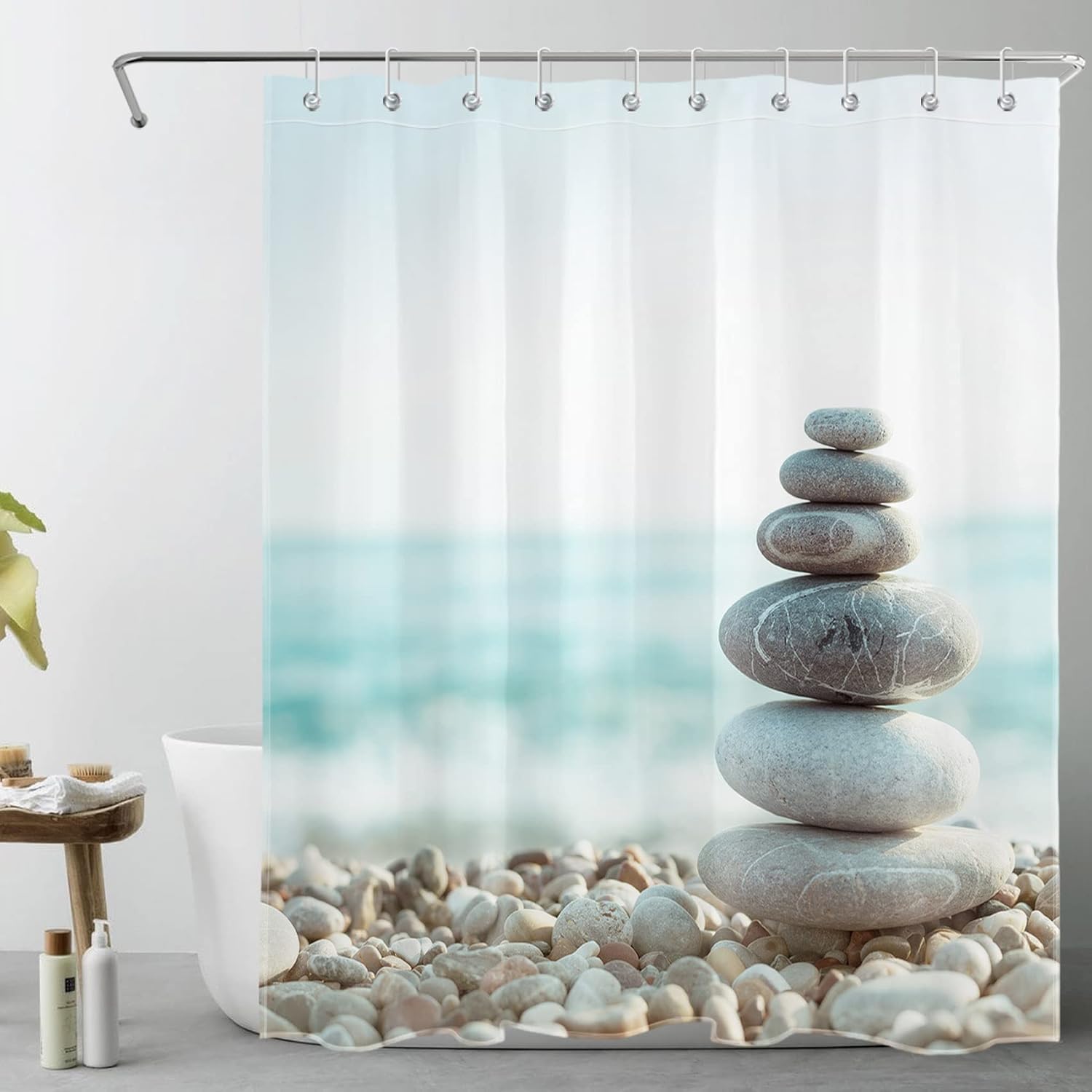 Rideau de douche 240x200 cm en tissu polyester imperméable ocean galets 3D f-7317