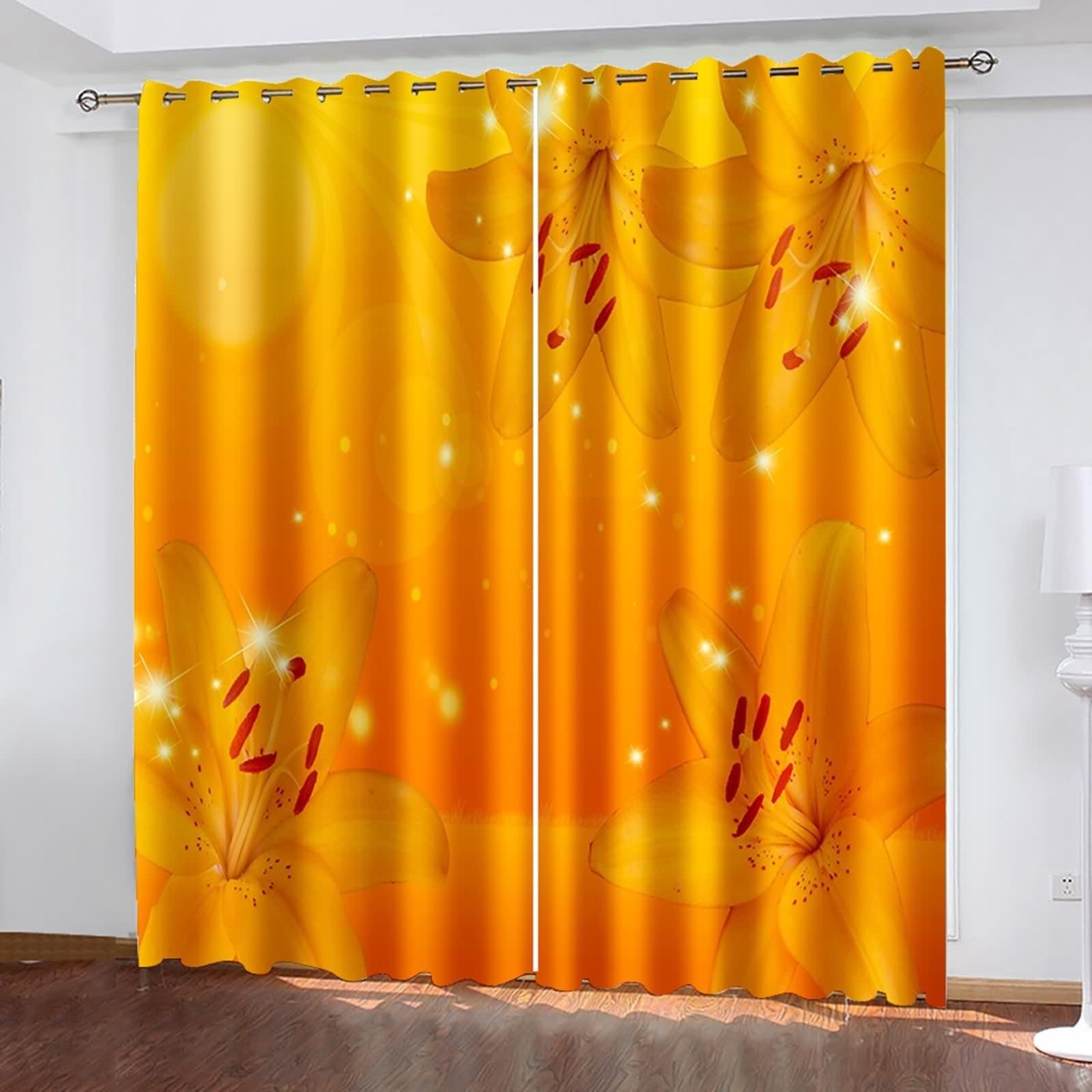 Vorhänge Elegant, Vorhänge Verdunkelung Gelb Orange Polyester Blumen Gardinen 2er Set B 86 x H 138 cm