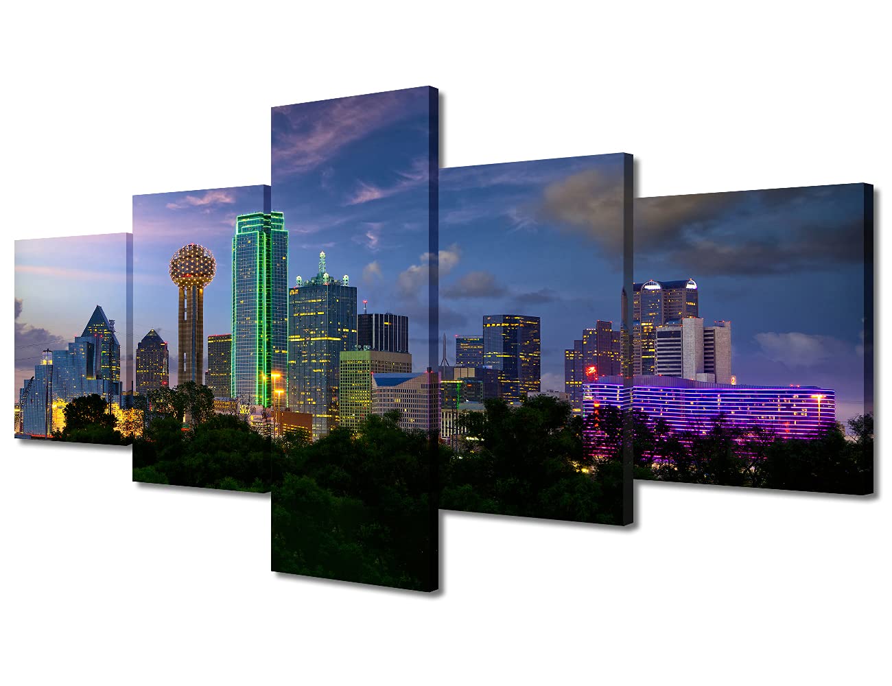 TUMOVO Dallas Texas Skyline Canvas Wall Art Night Cityscape Paintings Modern City Downtown Picture for Bedroom 5 Piece Home Decoration for Living Room