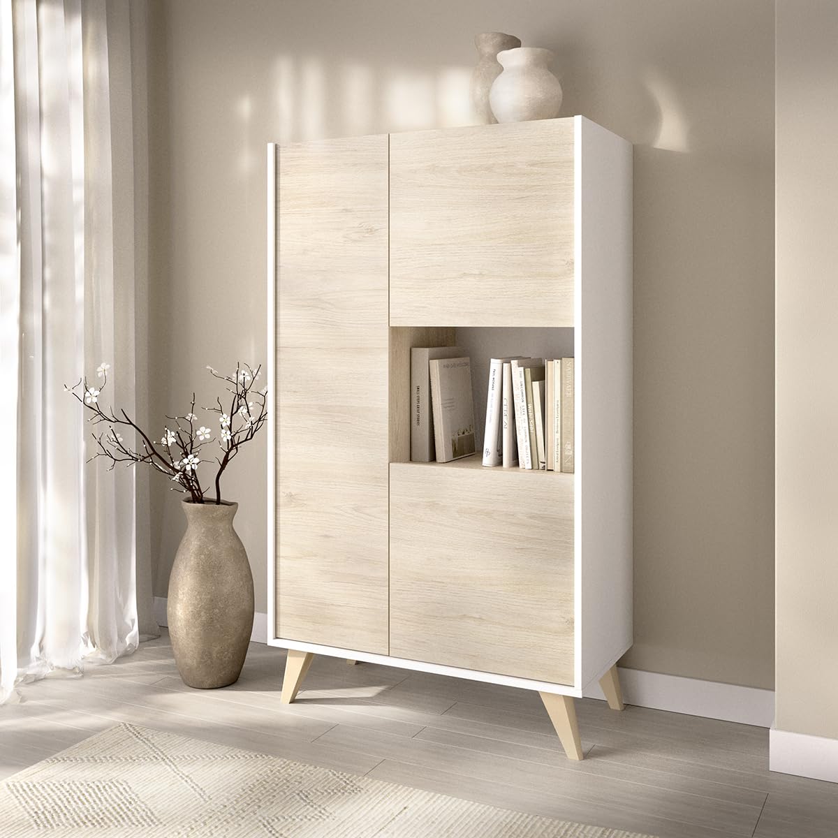 DEKIT GRUPO RIMOBEL NESS - APARADOR ALTO DE 3 PUERTAS Y 4 ESTANTES - 135X81X43 cm - BLANCO / NATURAL