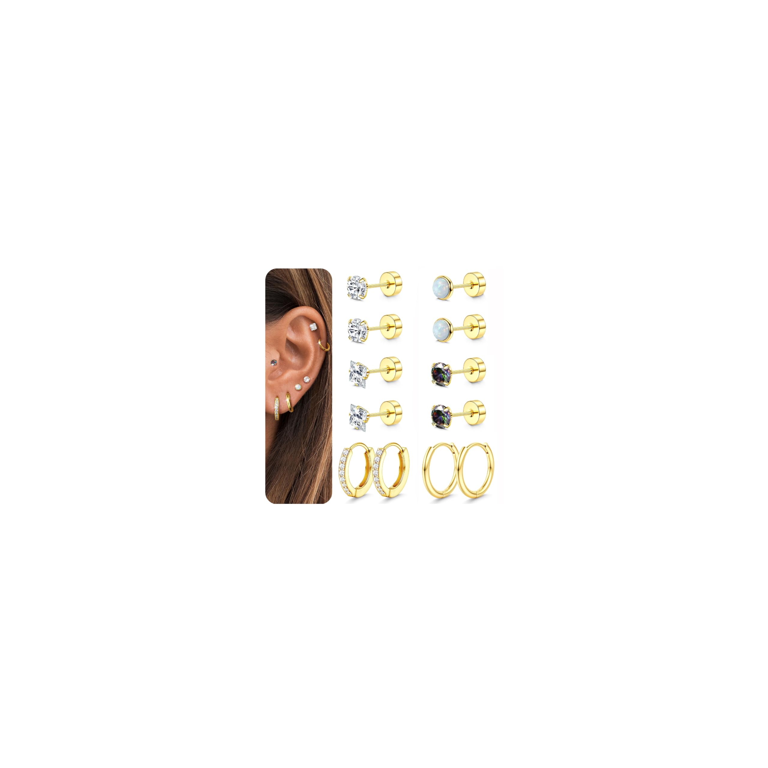 Florideco Hypoallergenic Surgical Steel Earrings 20G Flat Back Earrings for Women Trendy Cartilage Earring Stacks Small Stainless Steel Earring Sets
