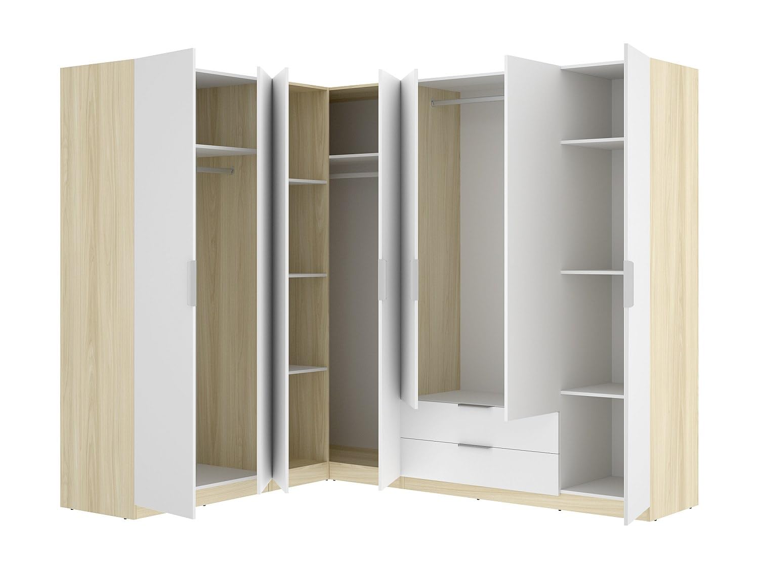 Vente-unique KALONY – Armario esquinero 7 puertas 2 cajones – L325 cm – Blanco y natural claro