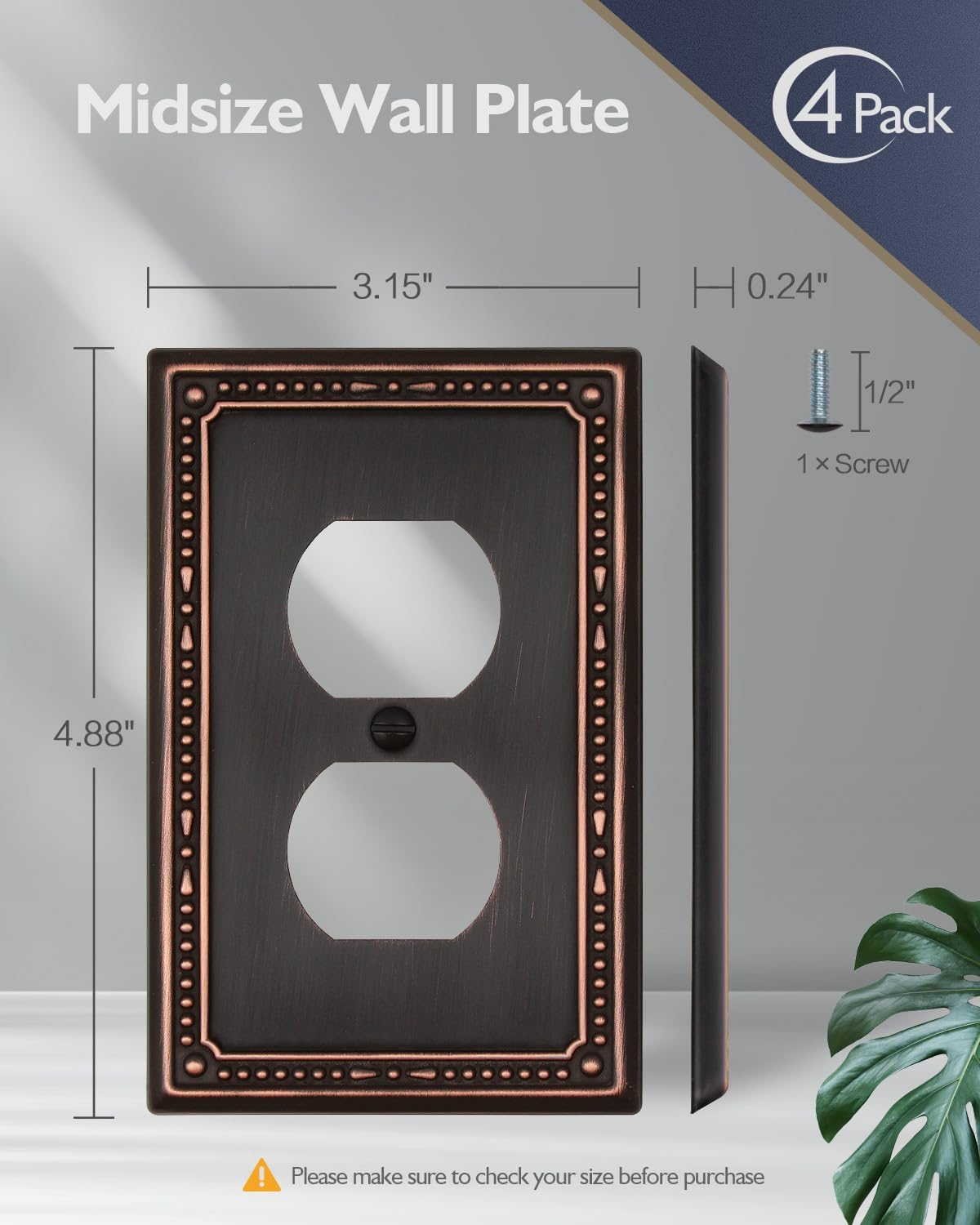 4-Pack Aged Bronze Outlet Covers, Metal Duplex Wall Plates for Electrical Outlets, Light Switches, Decorative Pearl Receptacle Covers, 1 Gang, 3.15''*4.88'', Midsize