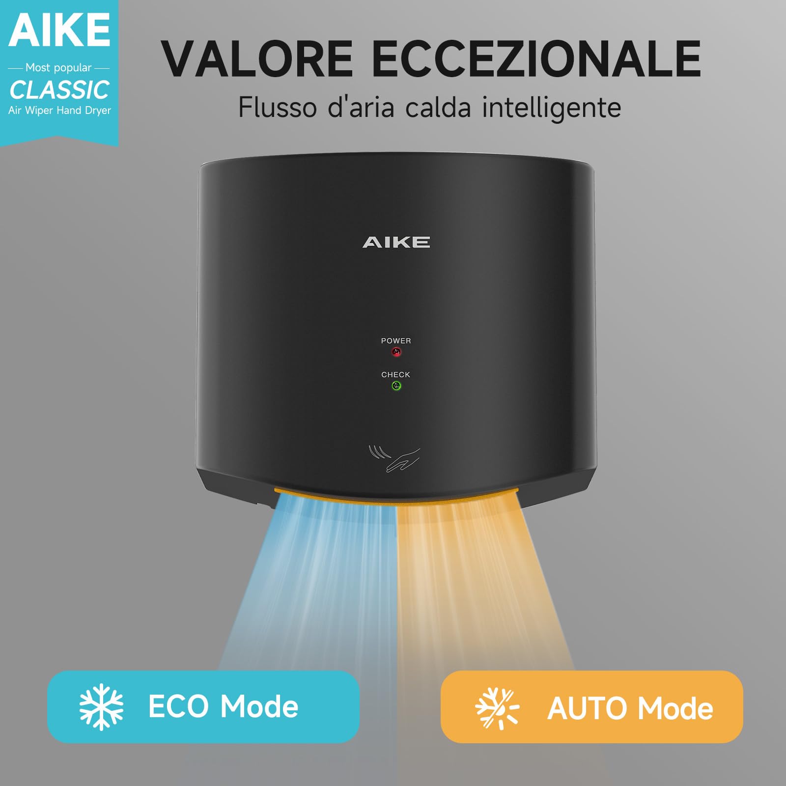 AIKE Air Wiper Asciugamani Compatto, Asciugatura ad Alta velocità, 1400W 220V, Collega e USA, Senza Carta e Senza Contatto per Bagni Pubblici, AK2630S (Nero)