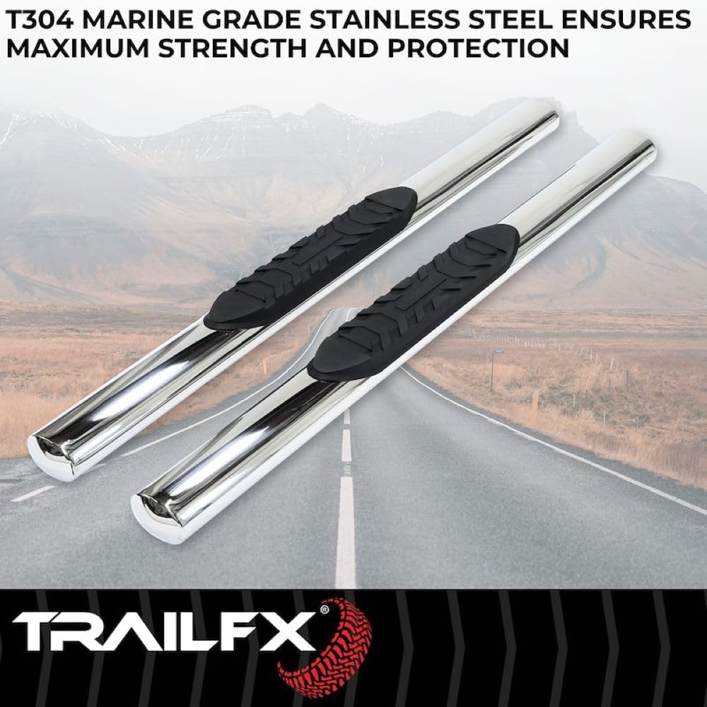 TrailFX Nerf Bars for Chevrolet Silverado 1500 Standard Cab 2020-2021 Polished Stainless Steel 4 Inch Oval Straight Side Steps with Step Pads Rocker Panel Mount Running Boards Trailfx A1551S