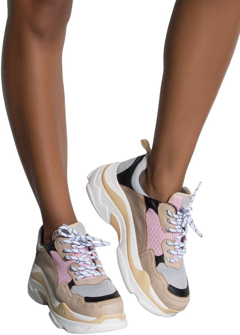 AKIRA Women's Pink Tan Colorblock Chunky Retro Dad Sneaker Shoe Trainers