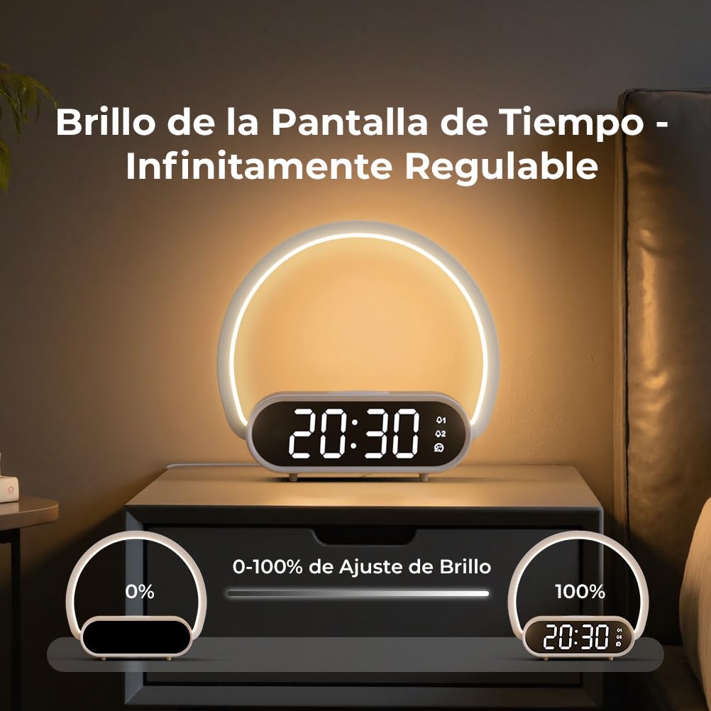 Despertador con Luz Nocturna Regulable 4 Niveles (Leer o Dormir) y 2 Alarmas, Carga Inalámbrica para iPhone/Samsung, Puerto USB, Reloj 3 en 1 para Adultos, Habitación, Oficina o Niños