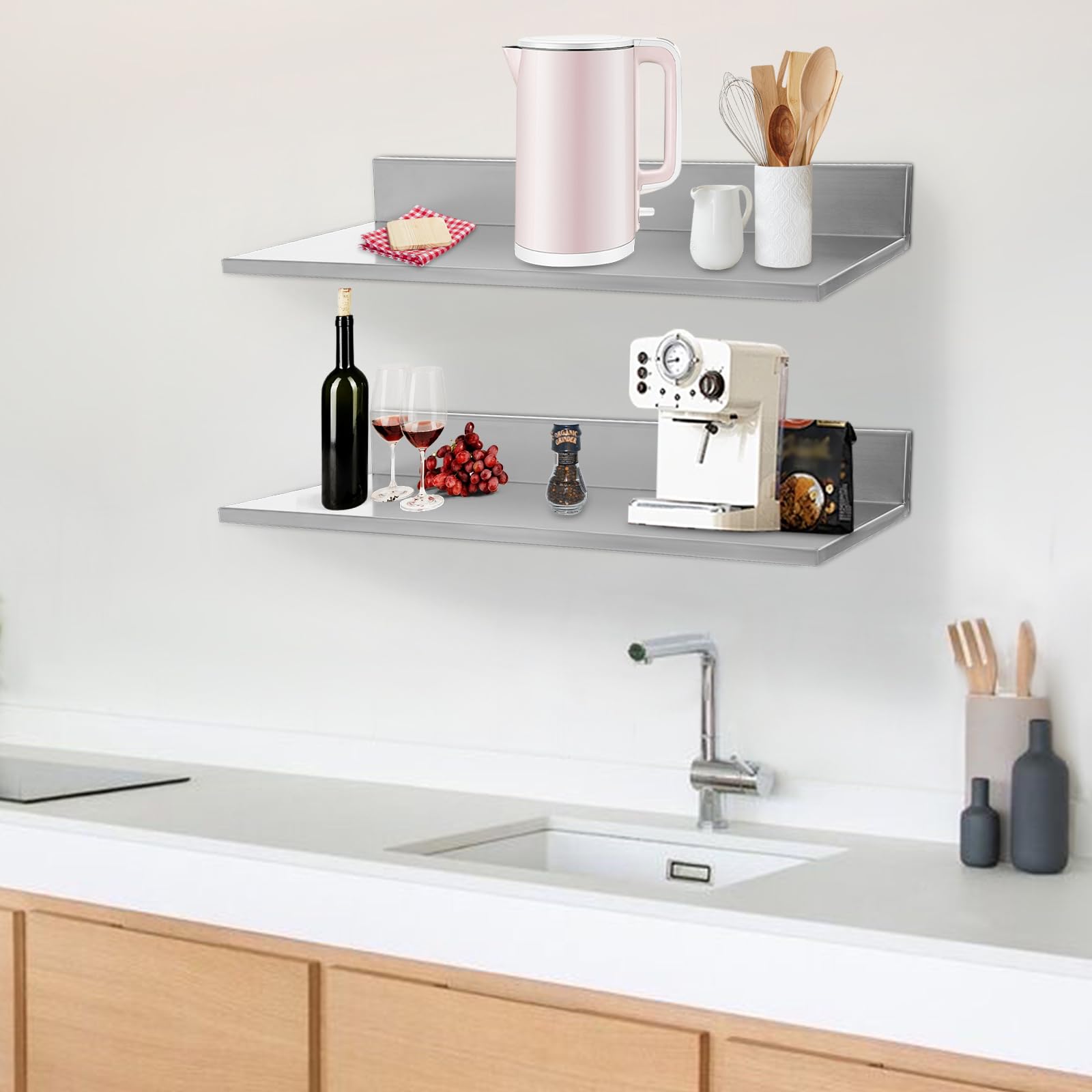 Estantería para especias de pared de acero inoxidable, juego de 2 unidades, estante para especias colgante, 18 kg, estante de cocina para especias, soporte para utensilios de cocina, montaje en
