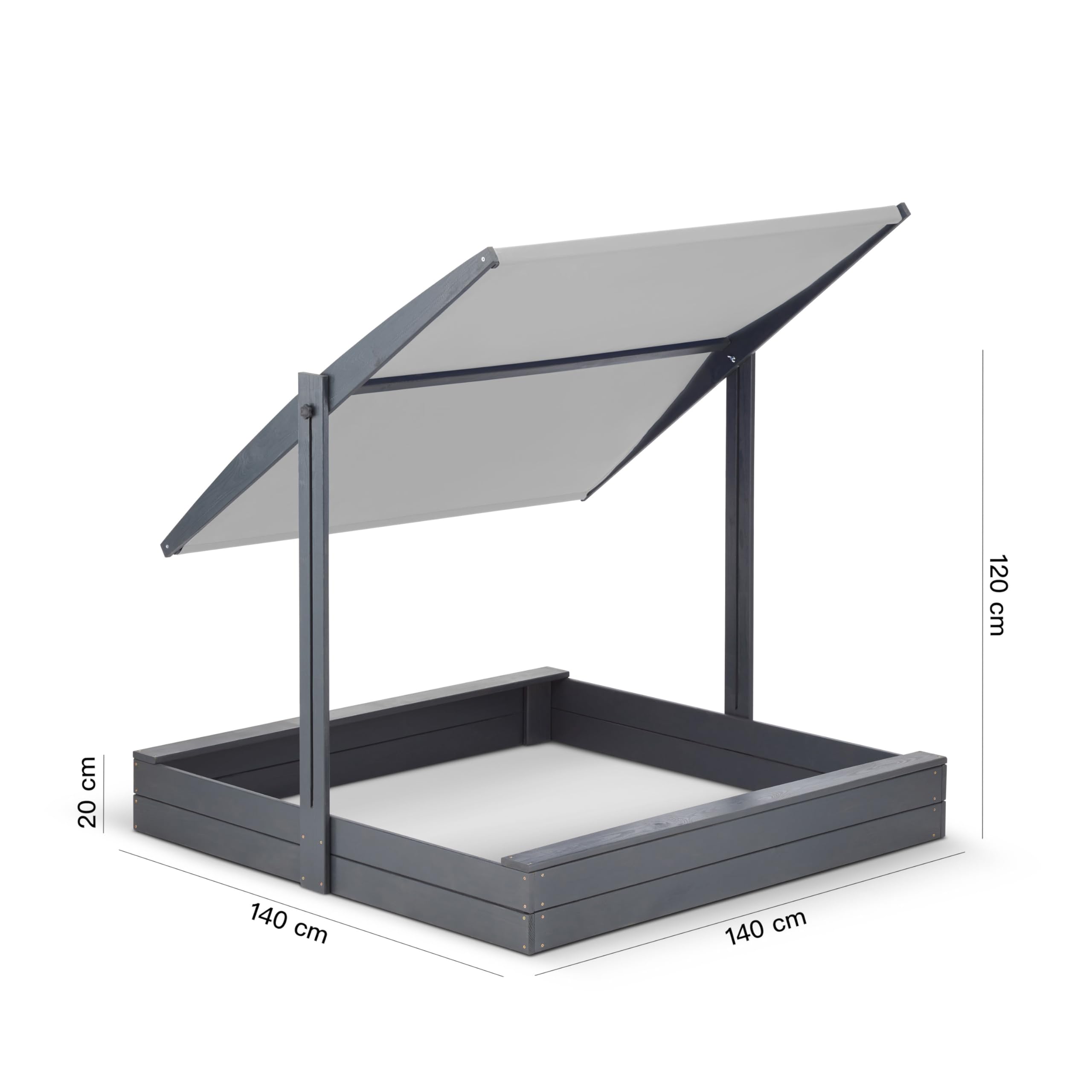 Sandkasten mit Dach Imprägniert mit Sonnenschutz mit UV 100+ Schutz Sandbox mit Sandkastenvlies Holz, Sandkiste Sandbox Anthrazit (140x140 Grau)