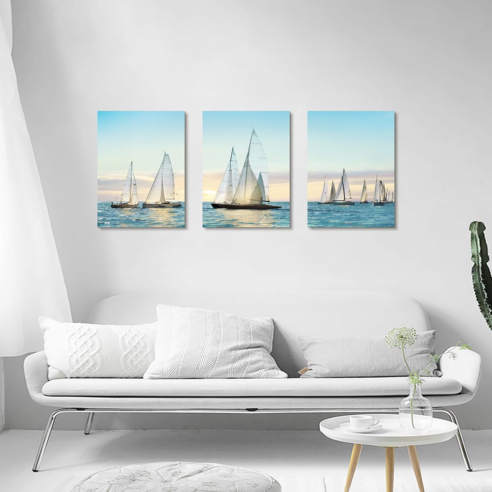 Hardy Gallery Arte de pared de velero, imágenes costeras: decoración de pared náutica, arte de vela, impresión de océano azul en lienzo para baño, 12 x 16 pulgadas x 3 paneles
