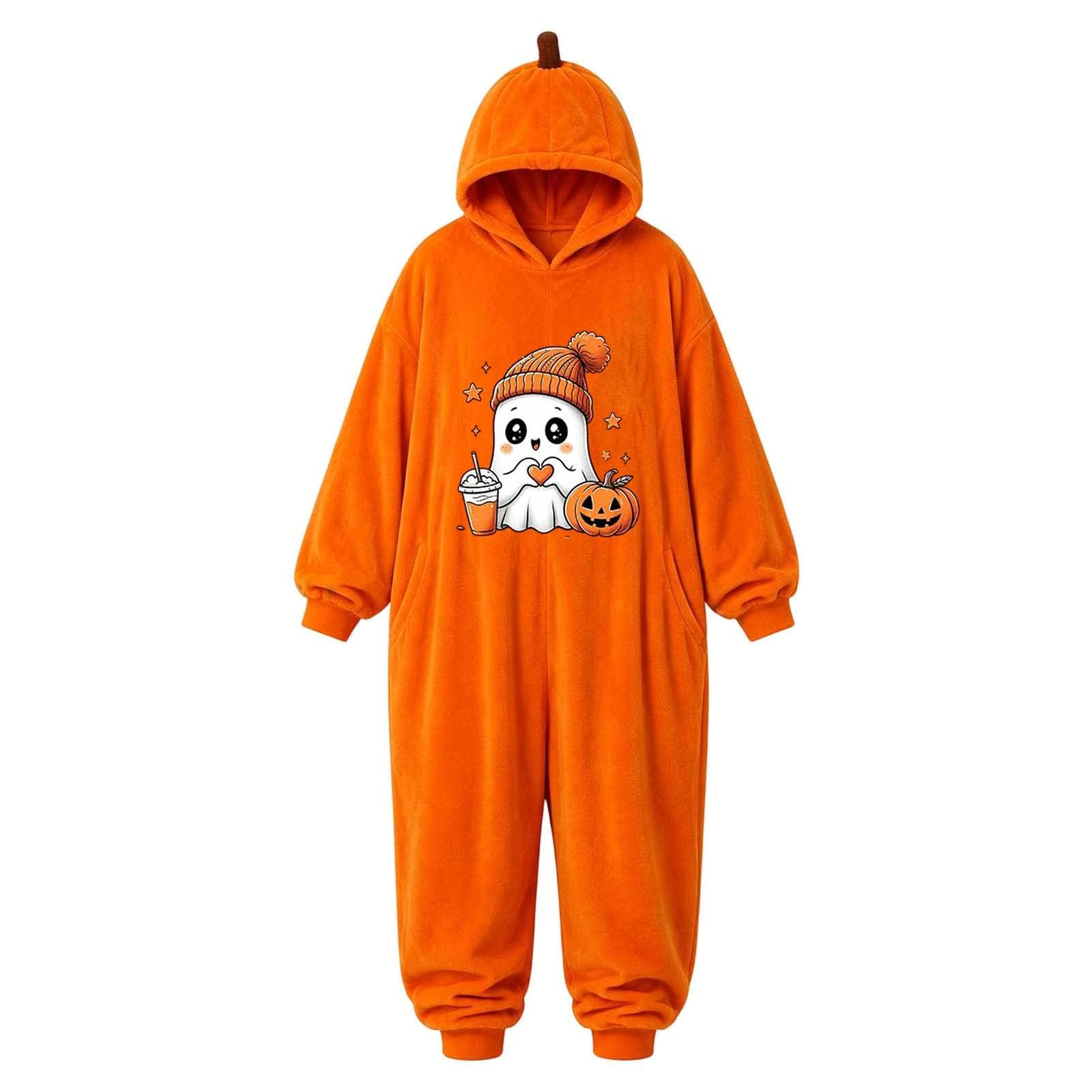 Pigiama Halloween Adulto Tuta Intera Zucca con Cappuccio e Zip Chiusura con Zip Pratica, Pigiama Halloween Intero, Tuta Zucca con Cappuccio per Casa e Feste