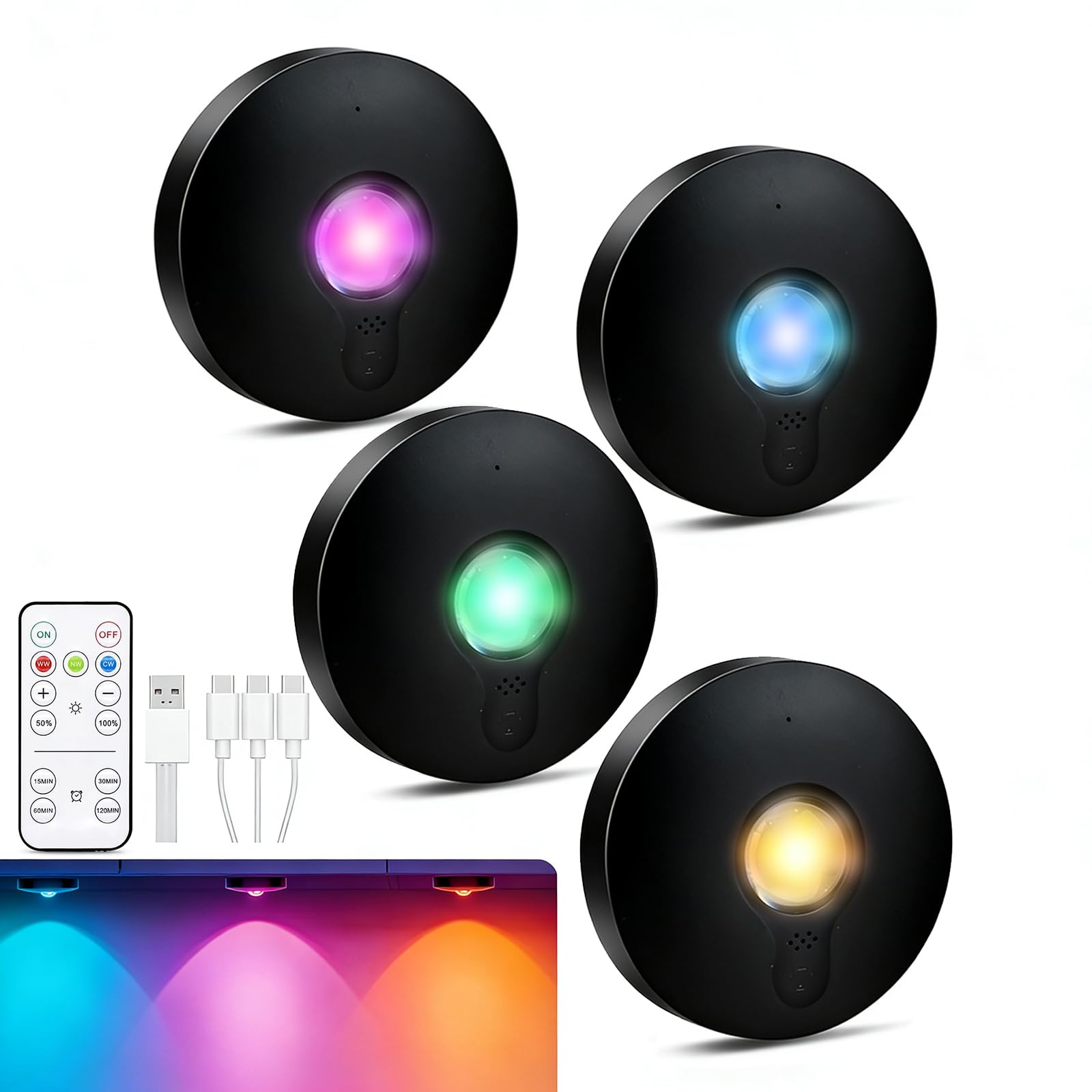 Wireless Under Cabinet Lights with Remote, 4 Pack RGB Puck Lights with 13 Colors & Timer, LED Under Cupboard Lighting, Dimmable Stick On Under Counter Lights for Closet Wardrobe Cabinet Display Shelf