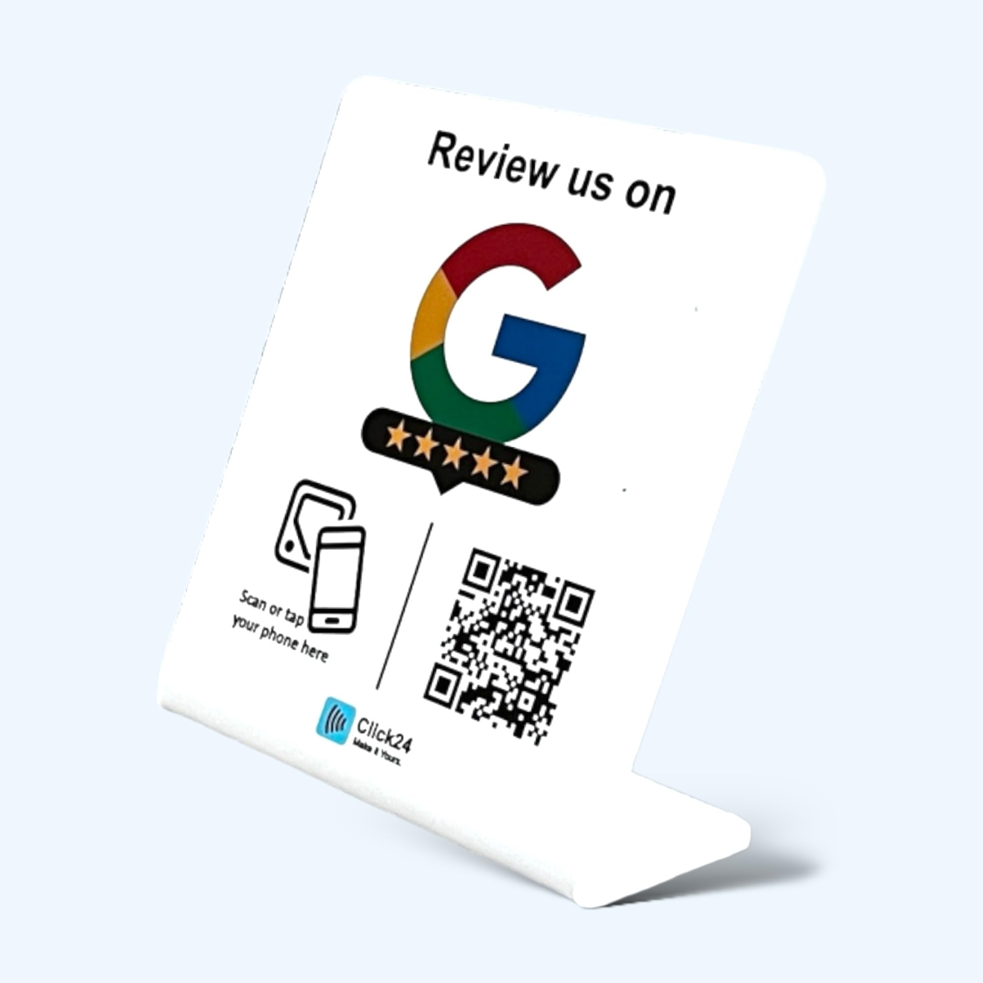 Click24 Review Stand for Google with NFC and QR Code, Contactless Review Collection, Attractive Design (White Edition)