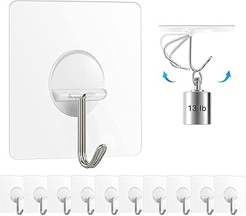 Chillyfit Wall Hooks for Hanging Strong, 10 Pack Adhesive Hooks for Wall Heavy Duty, Wall hangings, Kitchen Accessories Items, Clothes Hanging, Stainless Steel, Transparent - image, photos