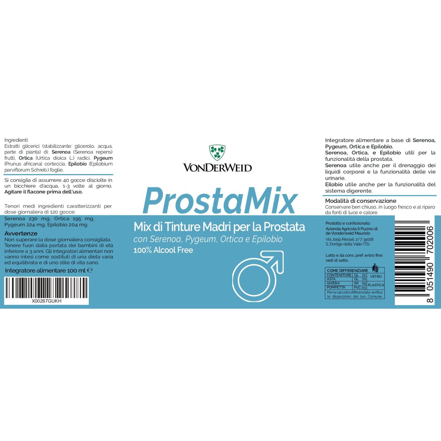 ProstaMix | Mix Tinture Madri con Serenoa Repens + Pygeum Africanum + Ortica + Epilobio | Integratore Prostata Uomo | Estratto Totale ad Ultrasuoni | Analcolico, Vegan | 100 ml