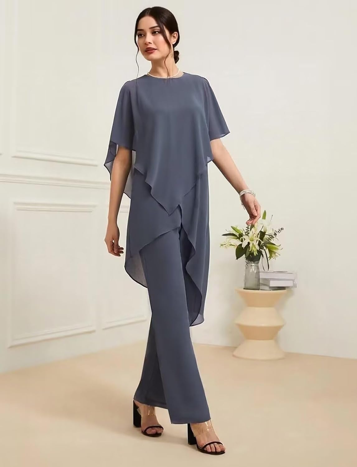 Chiffon Mother of The Bride Pant Suits for Weddding Guest - Short Sleeves Formal Grandmother Pantsuit Outfits