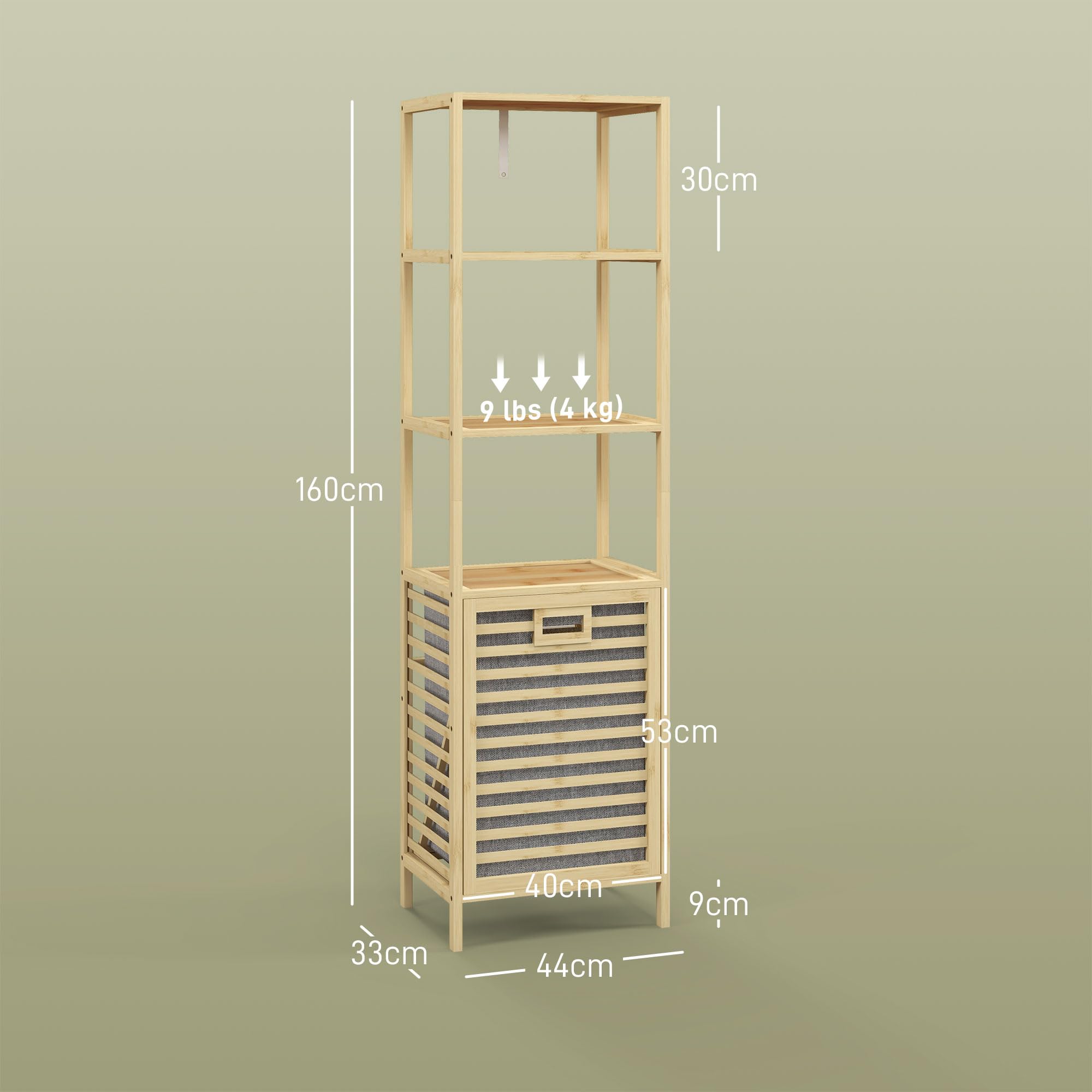HOMCOM Badregal mit Wäschekorb Badezimmerregal 3 Ebenen 44 x 33 x 160 cm