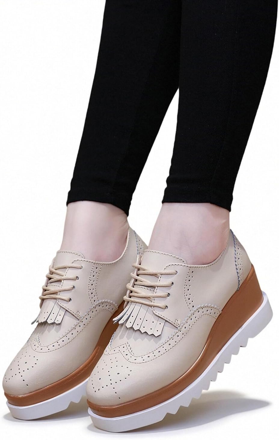 WUIWUIYU Womens Platform Shoes Square-Toe Casual Mid Heel Lace -up Oxfords