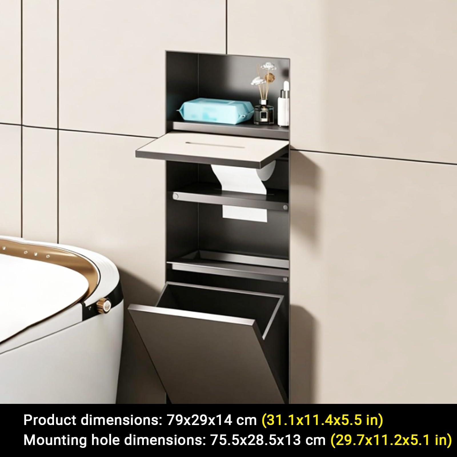 Nicchia for WC nascosta in acciaio inossidabile 304 piastrellabile | Porta carta igienica da incasso,combinazione fazzoletti e rifiuti 2 in 1 impermeabile,nicchia for rotoli(79*29*14cm)
