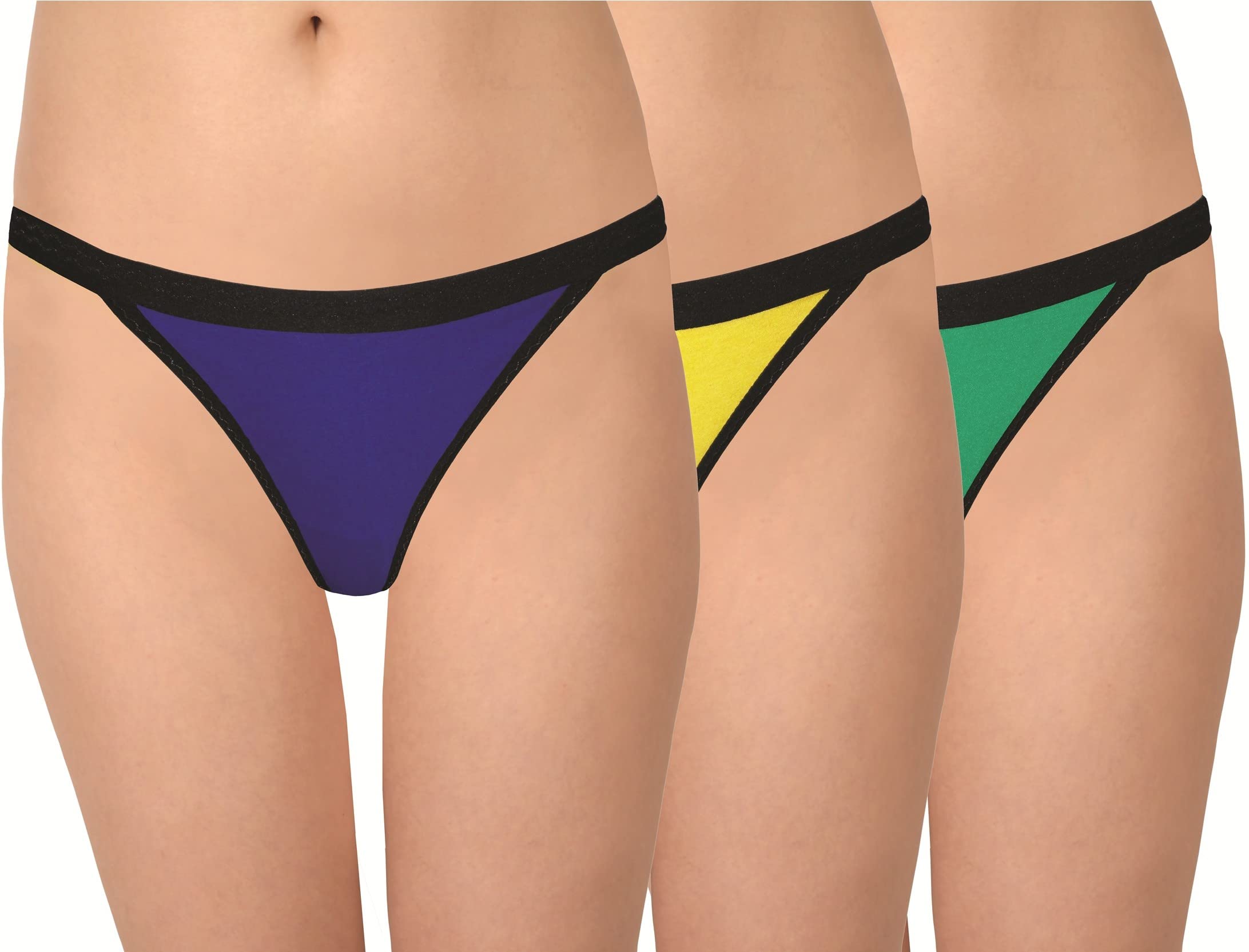 Women Blue, Green, Yellow Solid Cotton Lycra Blend Thong Panty Pack of 3-image-21