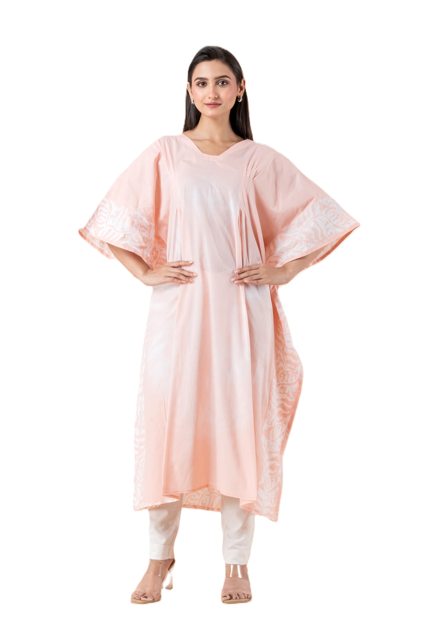 Women’s Printed Cotton Kaftan Dress | Loose Fit Lounge Wear | V-Neck Casual Maxi Nightwear with Drawstring Waist-JKF-26-03-5 Pink-image-37