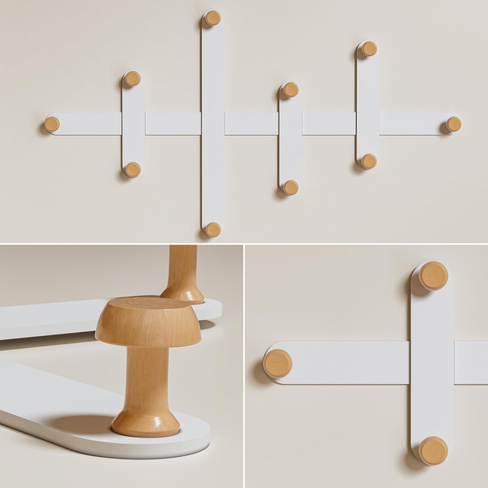 Perchero de pared de metal – negro moderno diseño minimalista – Perchero con 10 ganchos de madera para entrada, salón, dormitorio, oficina (Blanco)