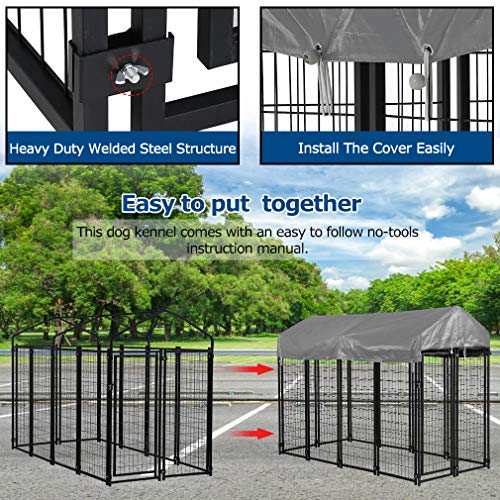 Dog Pen Dog Playpen House Heavy Duty Outdoor Metal Galvanized Welded Pet Crate Kennel Cage with UV Protection Waterproof Cover and Roof (7.5 x 3.75 x 5.8 Feet)