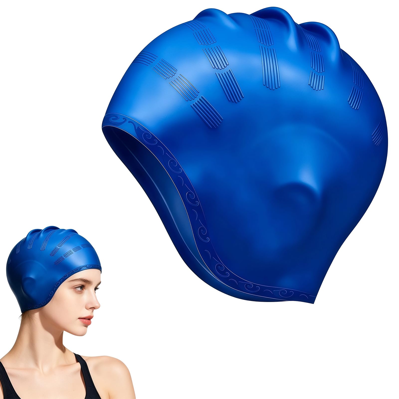 XQMMGO Silicone Swimming Cap for Women Men, Waterproof Swim Cap with 3D Ear Protection, Professional Anti-Slip Swim Hat for Long and Short Hair, Durable Elastic Bathing Cap for Adults & Youth (blue)