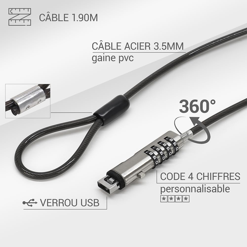 Waytex Câble Antivol PC à Code pour Prise USB, Câble de Sécurité Verrouillable pour Ordinateur Portable, PC, Mac sans Slot de sécurité - Longueur 1,90m