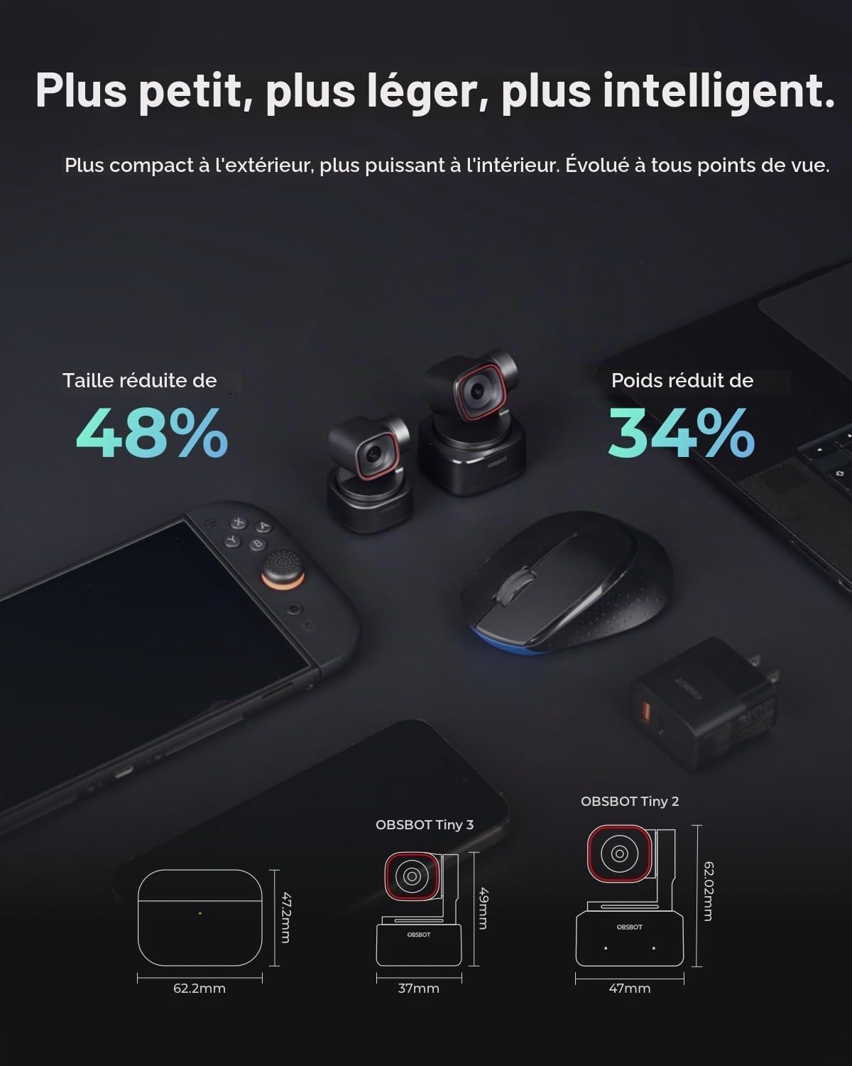 OBSBOT Tiny 3 avec Tépied, PTZ 4K Webcam avec Audio Spatial, 1/1,28" Sensor