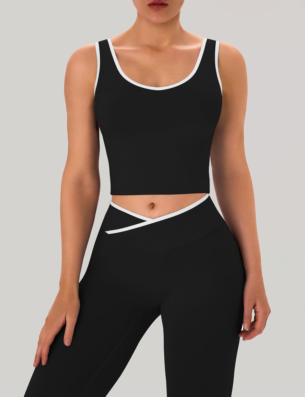 OLCHEE Womens Workout Sets 2 Piece Gym Yoga Outfits Crossover Flare Leggings Crop Tank Top with Contrast Trim - Image 6